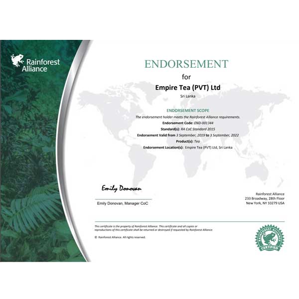 Rainforest Alliance  - Endorsement Certificate